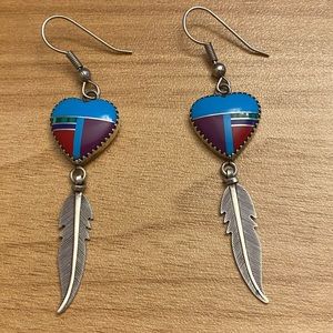 Beautiful inlay turquoise 925 sterling silver dangle feather earrings